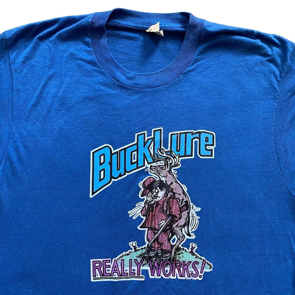 Vintage Buck Lure T Shirt 80s XL Blue Hunting Joke Raunchy Deer Iron On
